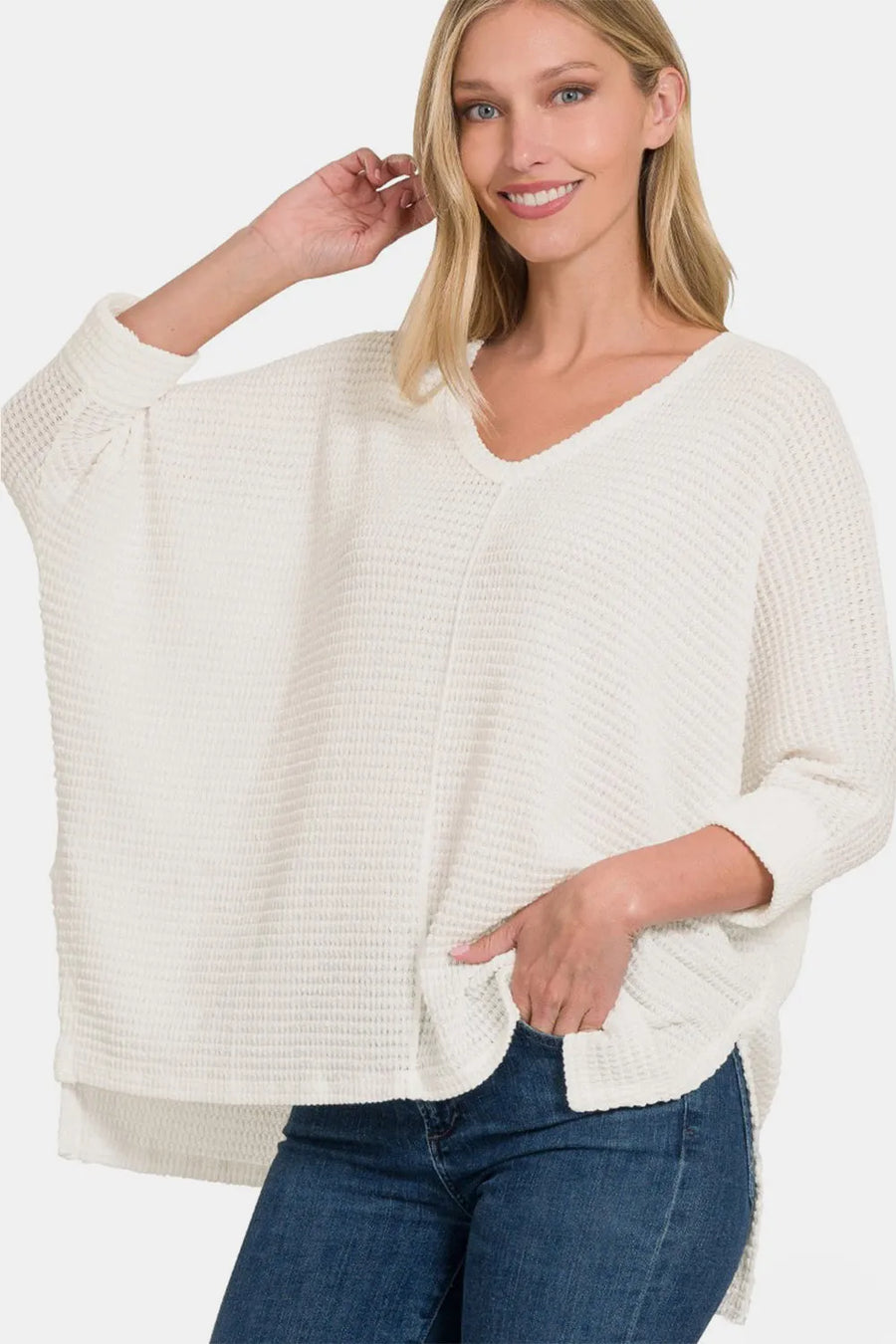 Curve Round Neck High-Low Slit Knit Top