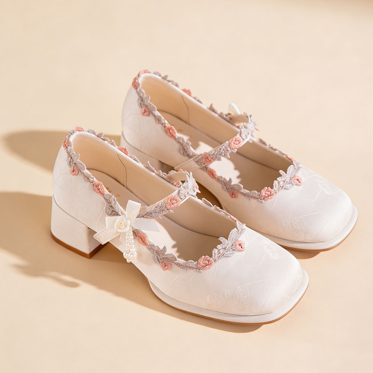 Women's Oriental Jacquard Satin Mary Jane Heels | Embroidered Lace Pearl Square Toe