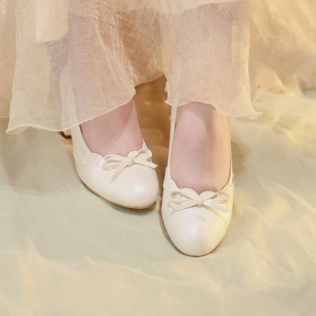 Women's Satin Bow Block Heel Pumps | Ivory Jacquard Slip-On Heels