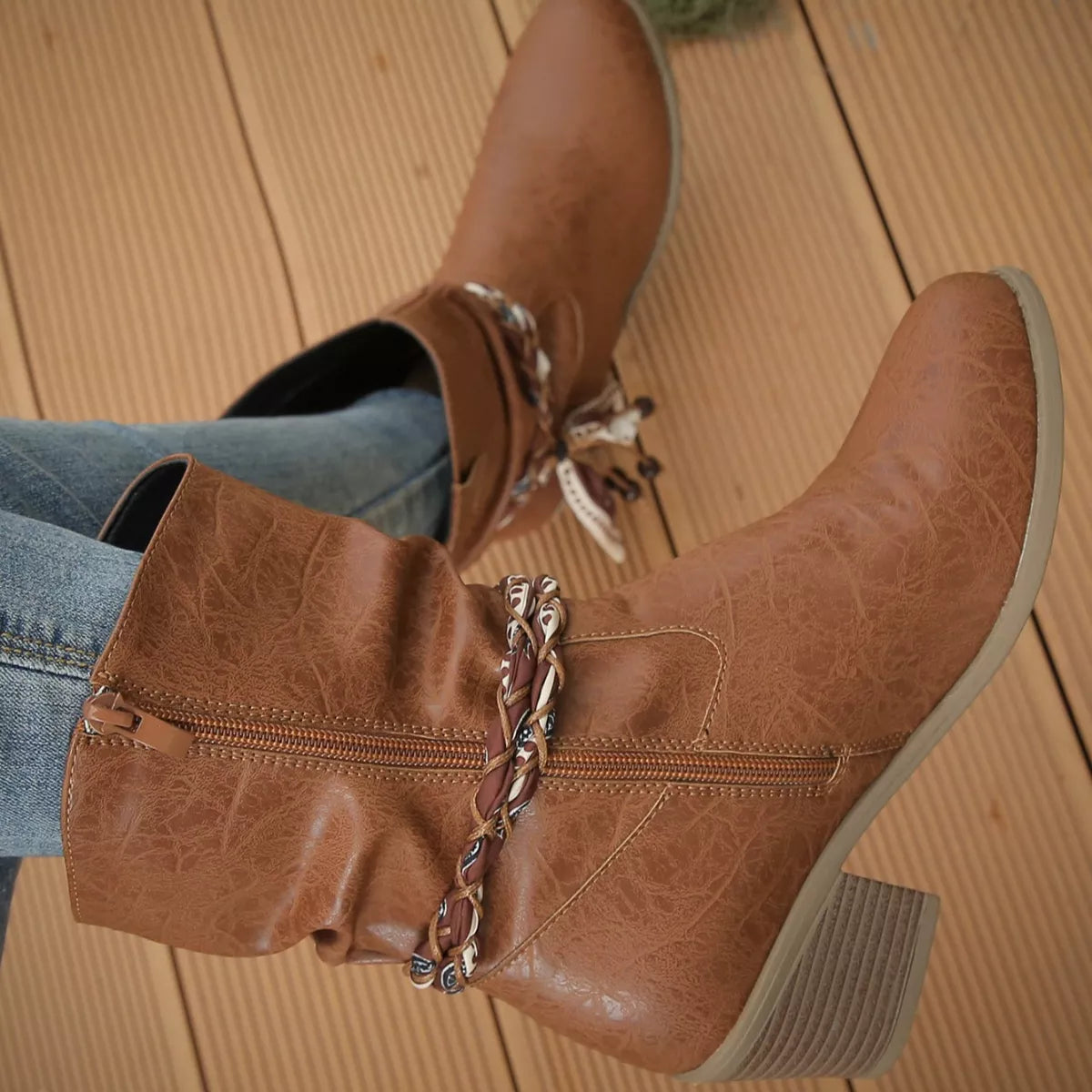 Women's Braided Detail Western Cowgirl Boots | Block Heel Ankle Boots | PU Leather