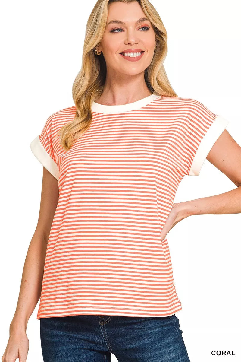 Striped Round Neck Short Sleeve Contrast Trim T-Shirt