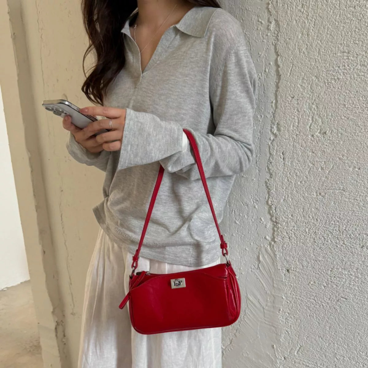Red Small PU Leather Shoulder Bag