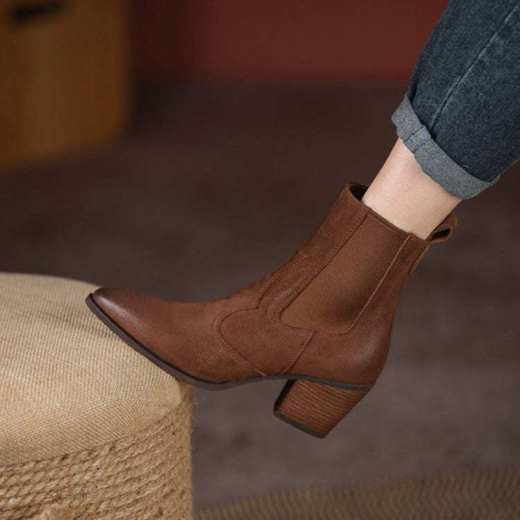 Women's Retro Pointed-Toe Ankle Boots with Elastic Band and Chunky Heel