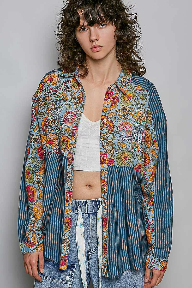 POL Mixed-Print Patchwork Long-Sleeve Shirt