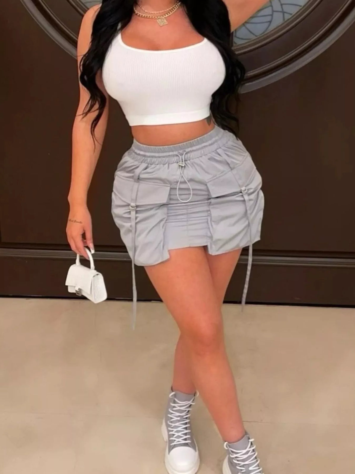 Drawstring Cargo-Pocket Mini Skirt