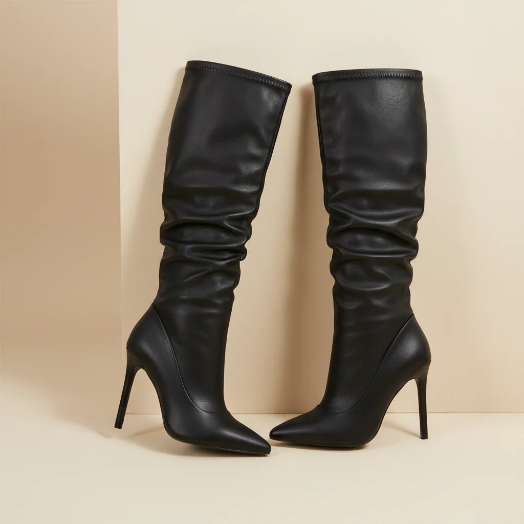 Women's Pointed-Toe Stiletto Heel Knee-High Boots – PU Leather Stiletto