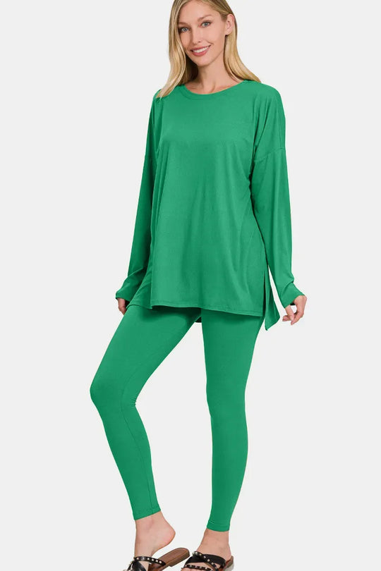 Another view: Curve Brushed Microfiber Top and Leggings Lounge Set — K Green