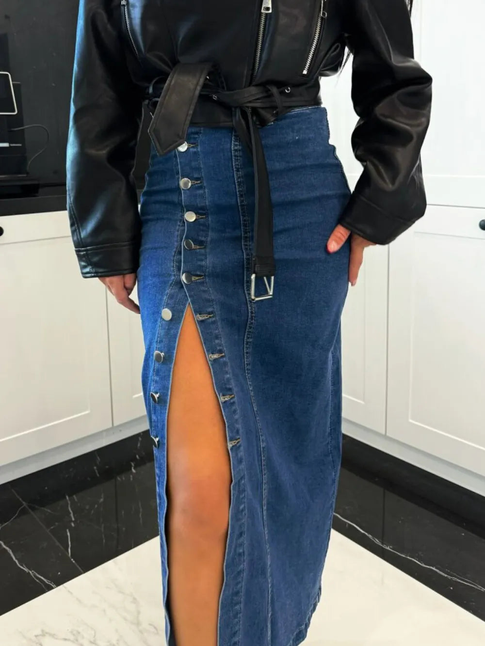 Women's Front-Button Slit Midi Denim Skirt