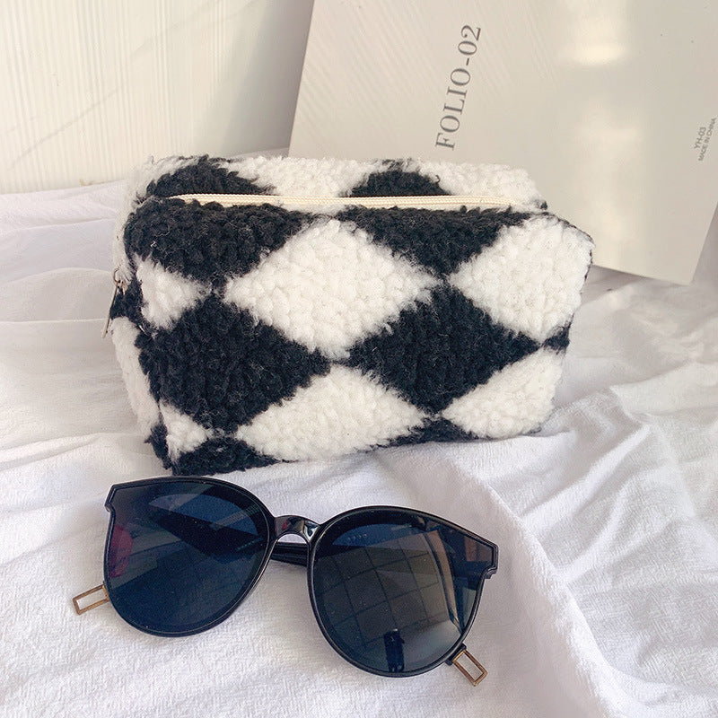 Plaid Plush Crossbody Bag | Large Capacity Makeup & Storage Organizer | Korean Style