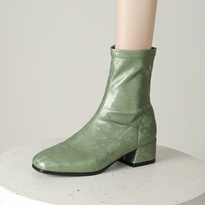 Women's Floral Embroidered Chunky Heel Booties | Retro Square Toe Slip-On Ankle Boots