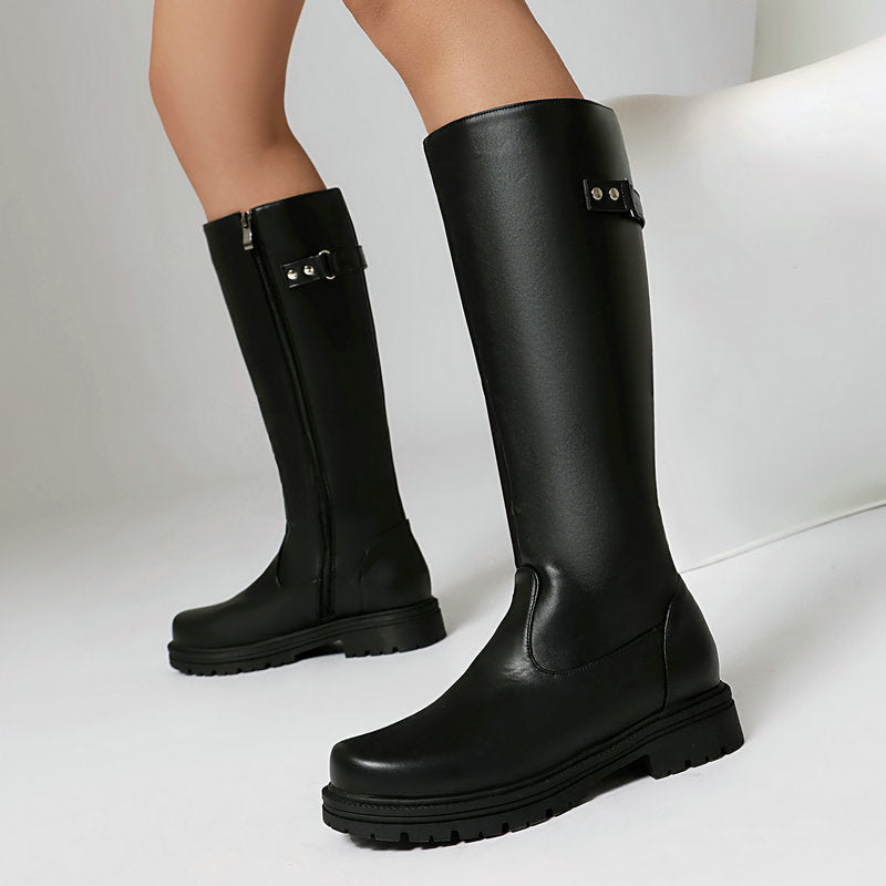 Women's Retro British-Style Chunky Heel Riding Boots | Belt Buckle Side Zipper | Black Brown
