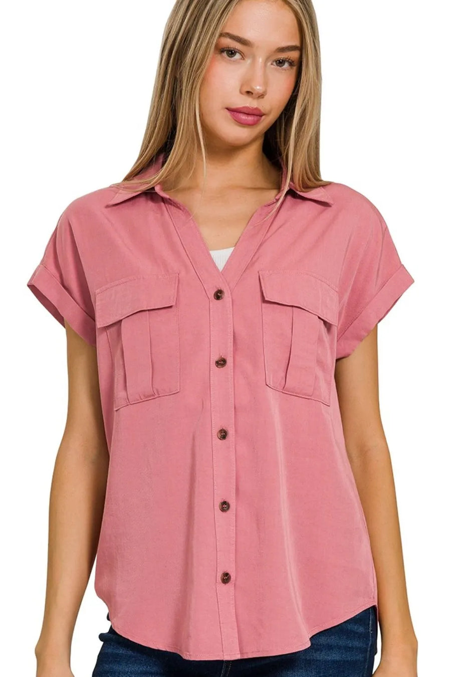 Tencel V-Neck Collared Top W Front Flap Pockets