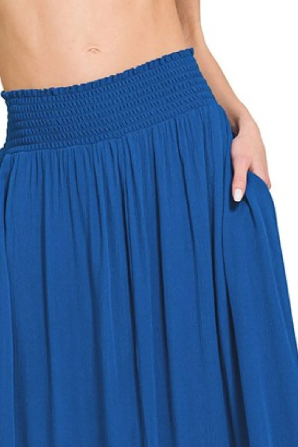 Woven Crinkle Smocked Waist Maxi Skirt with Pockets
