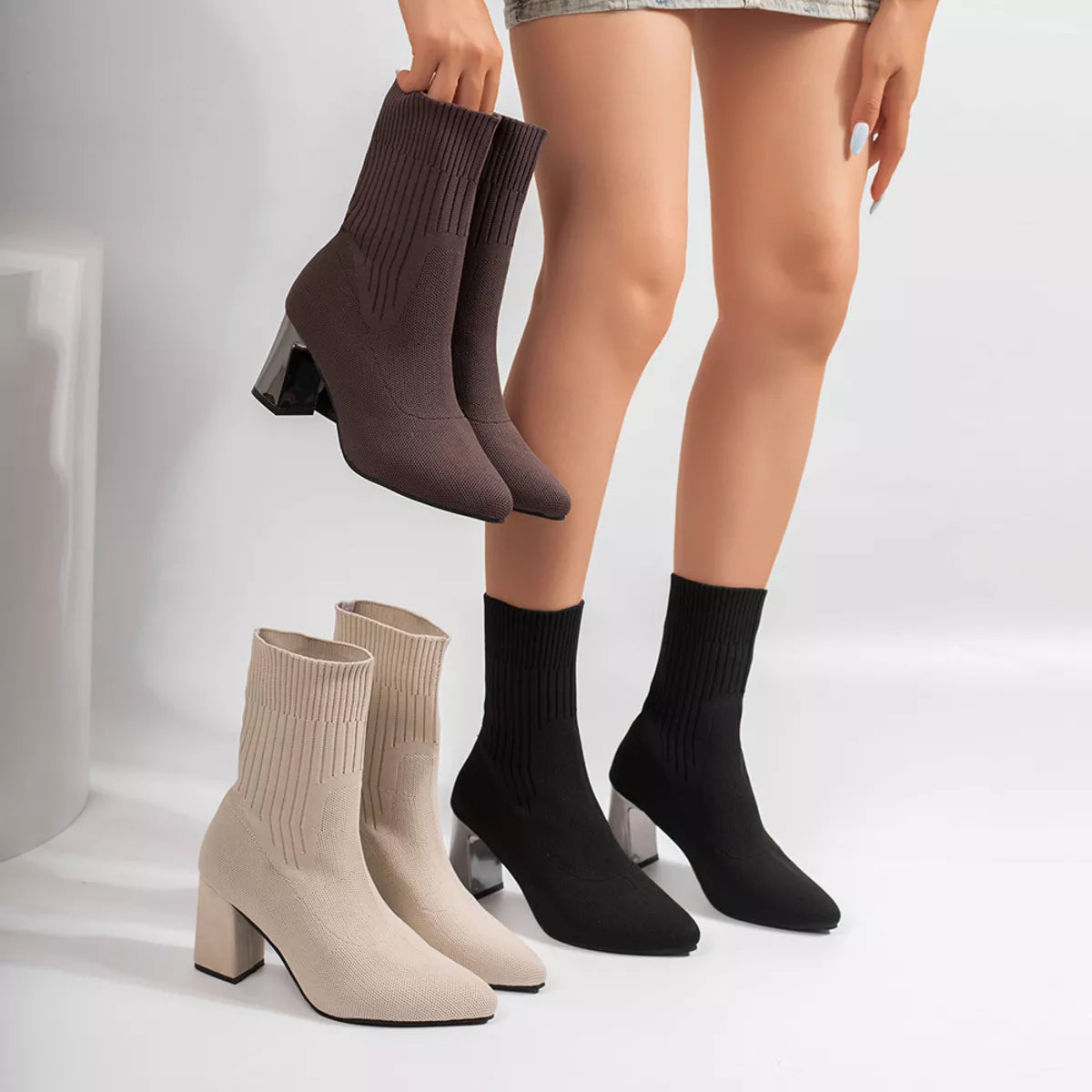 Women's Stretch-Knit Block-Heel Sock Boots
