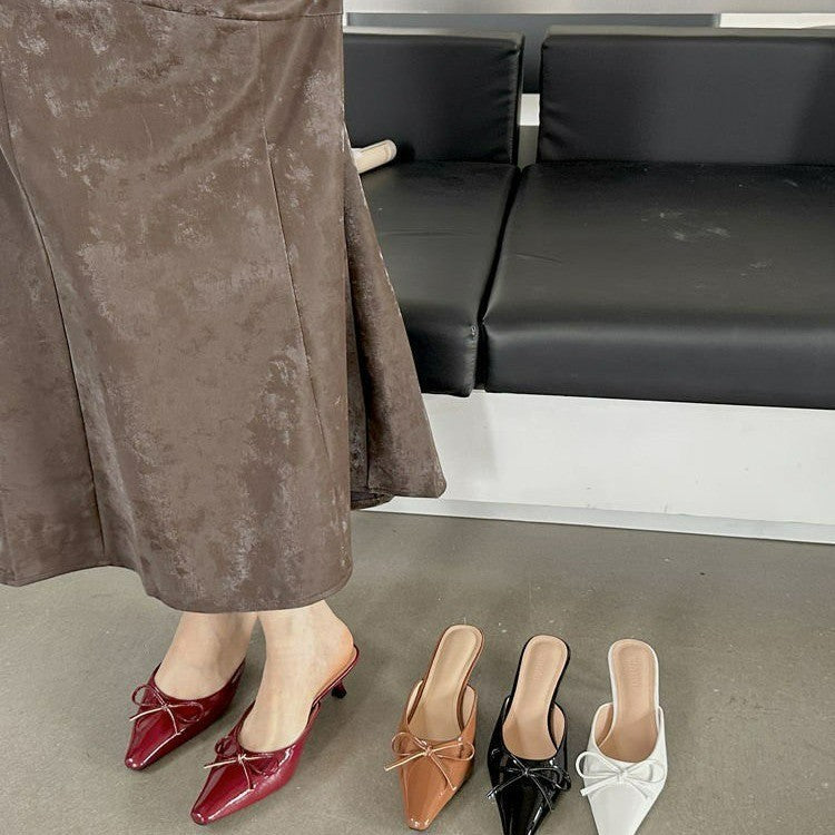 Women's Low-Heel Bow Slippers - Elegant Square Toe Roman Style Shoes