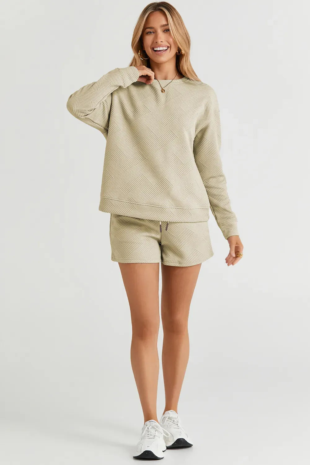 Double Take Textured Top & Drawstring Shorts Set — photo 32