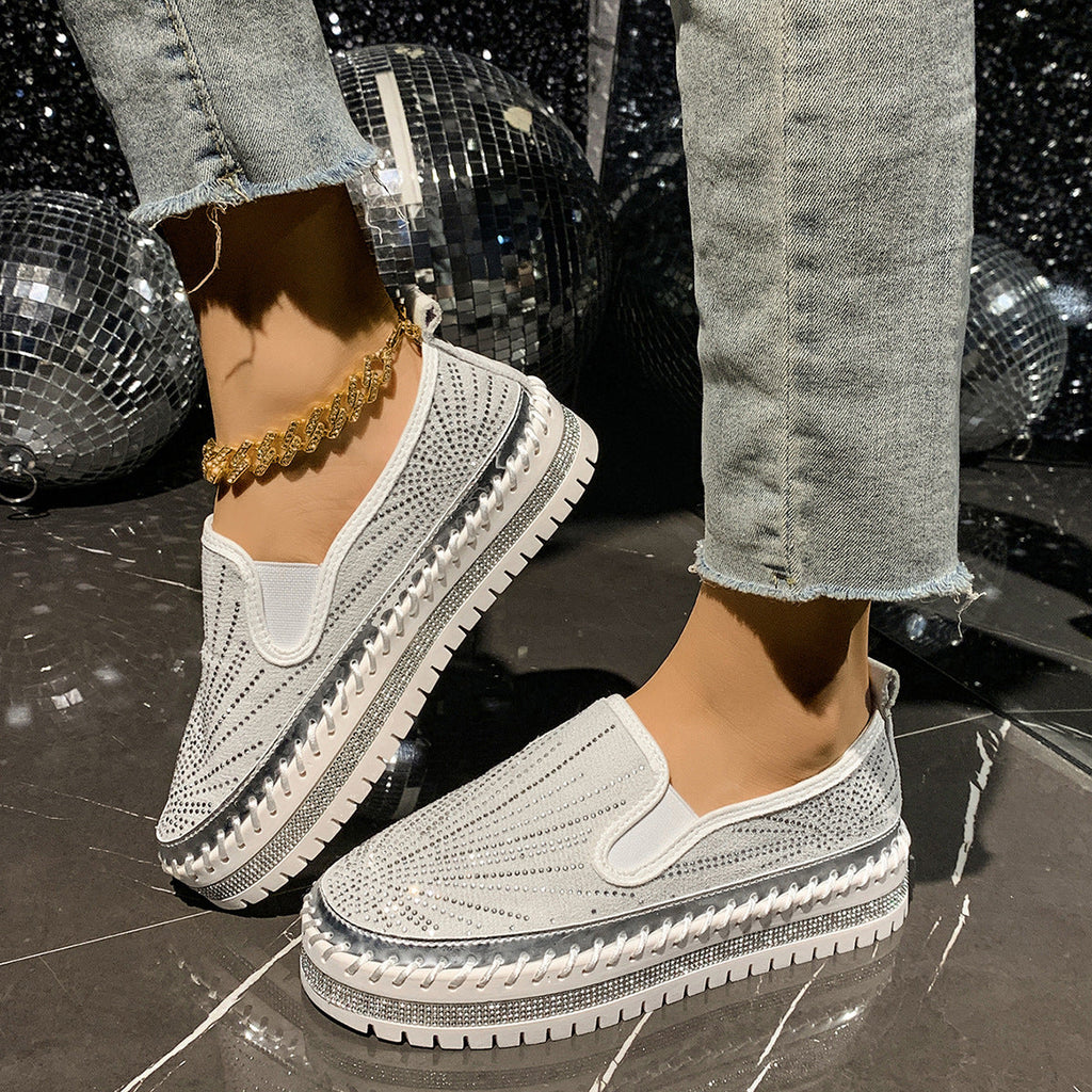 Women's Rhinestone Loafers - Casual Slip-On Dress Shoes with Thick Sole
