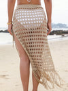 Fringe-trim openwork split swim cover-up skirt