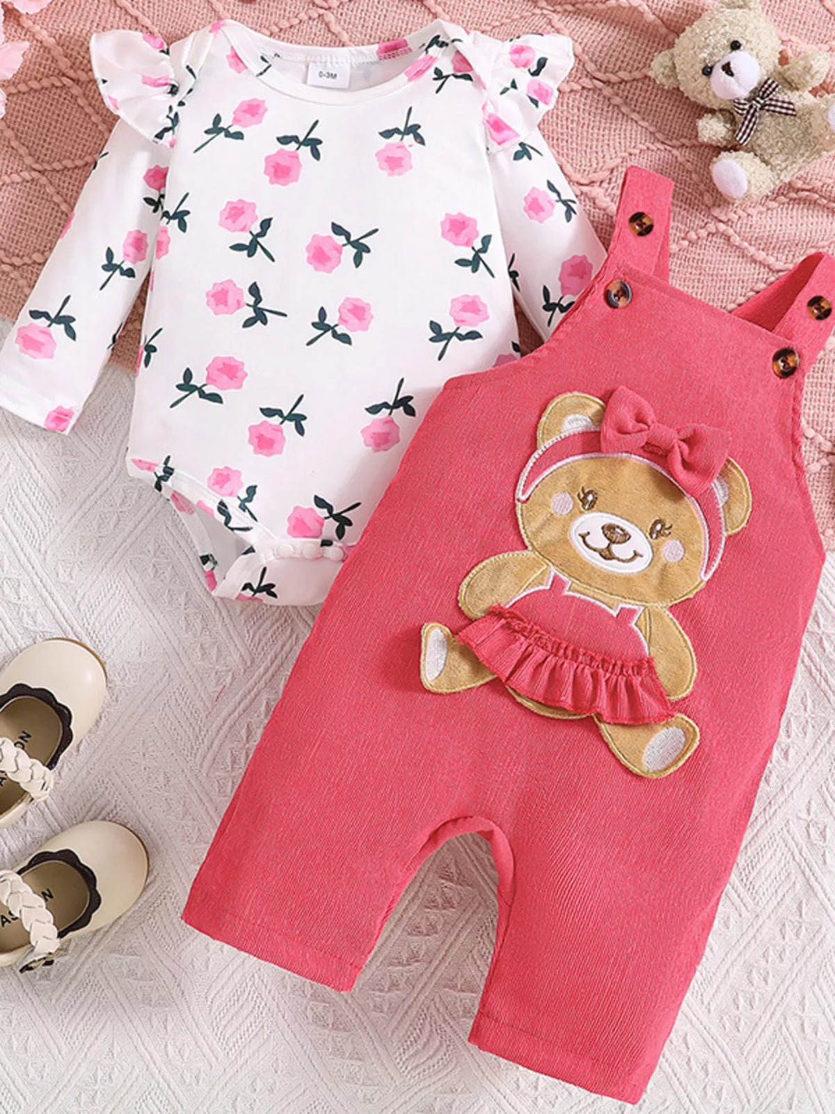 Bluebird Lane Floral Print Ruffle-Trim Bodysuit & Bear Applique Overalls Set