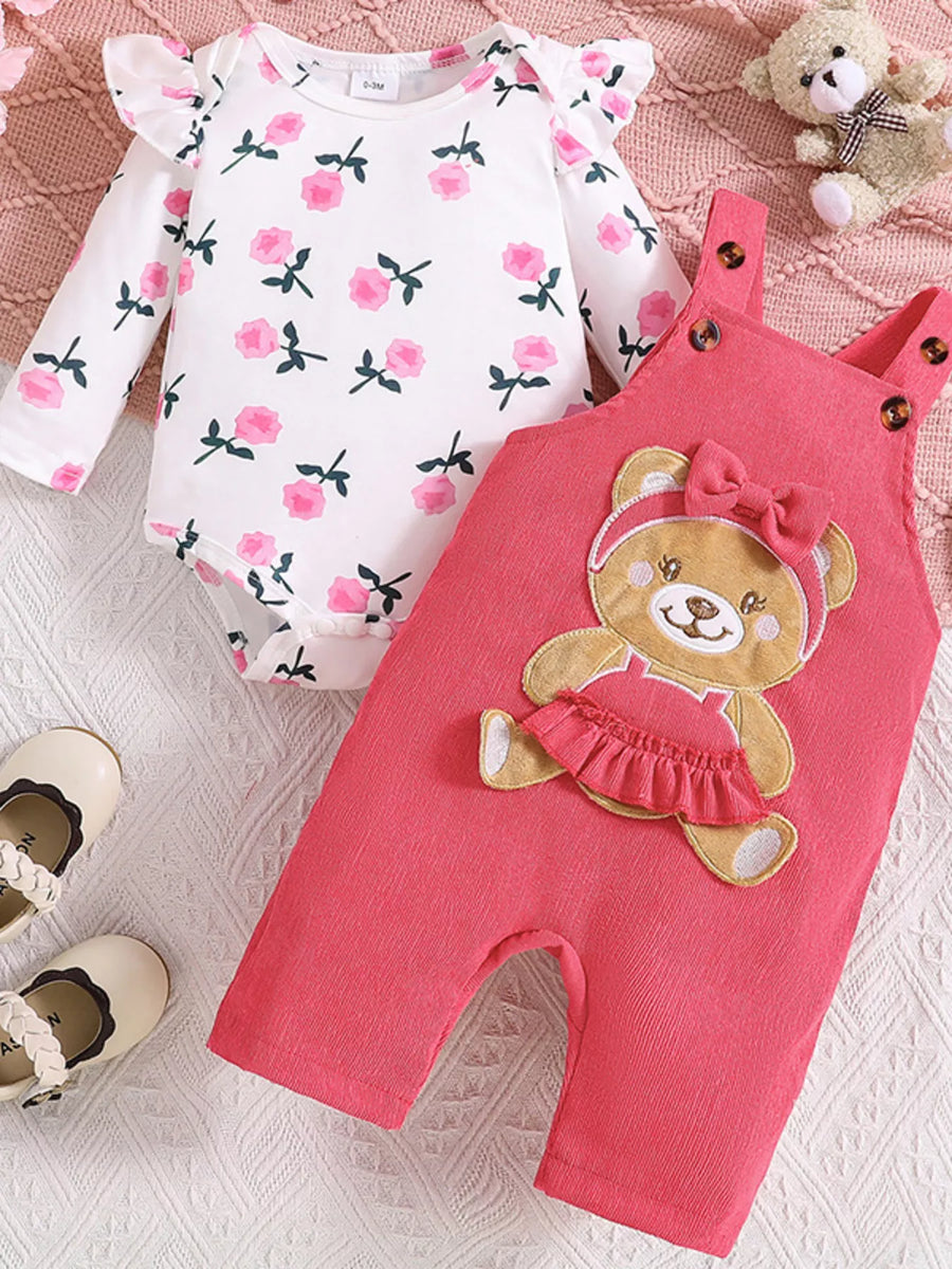 Bluebird Lane Floral Print Ruffle-Trim Bodysuit & Bear Applique Overalls Set