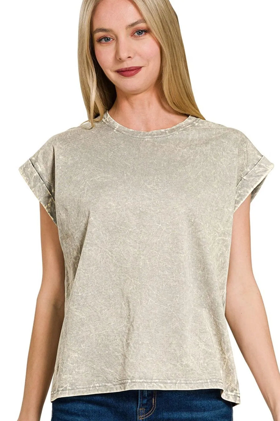 Crinkle Washed Round Neck Folded Short Sleeve Tee — Sleet