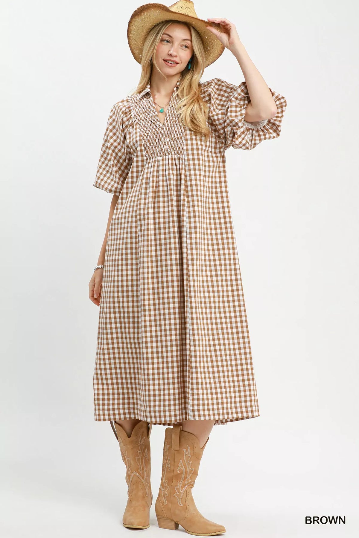 Umgee Brown Gingham Puff-Sleeve Midi Dress