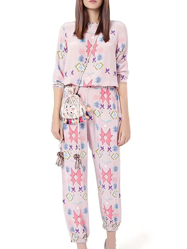 Printed Round-Neck Long-Sleeve Top and Pants Lounge Set