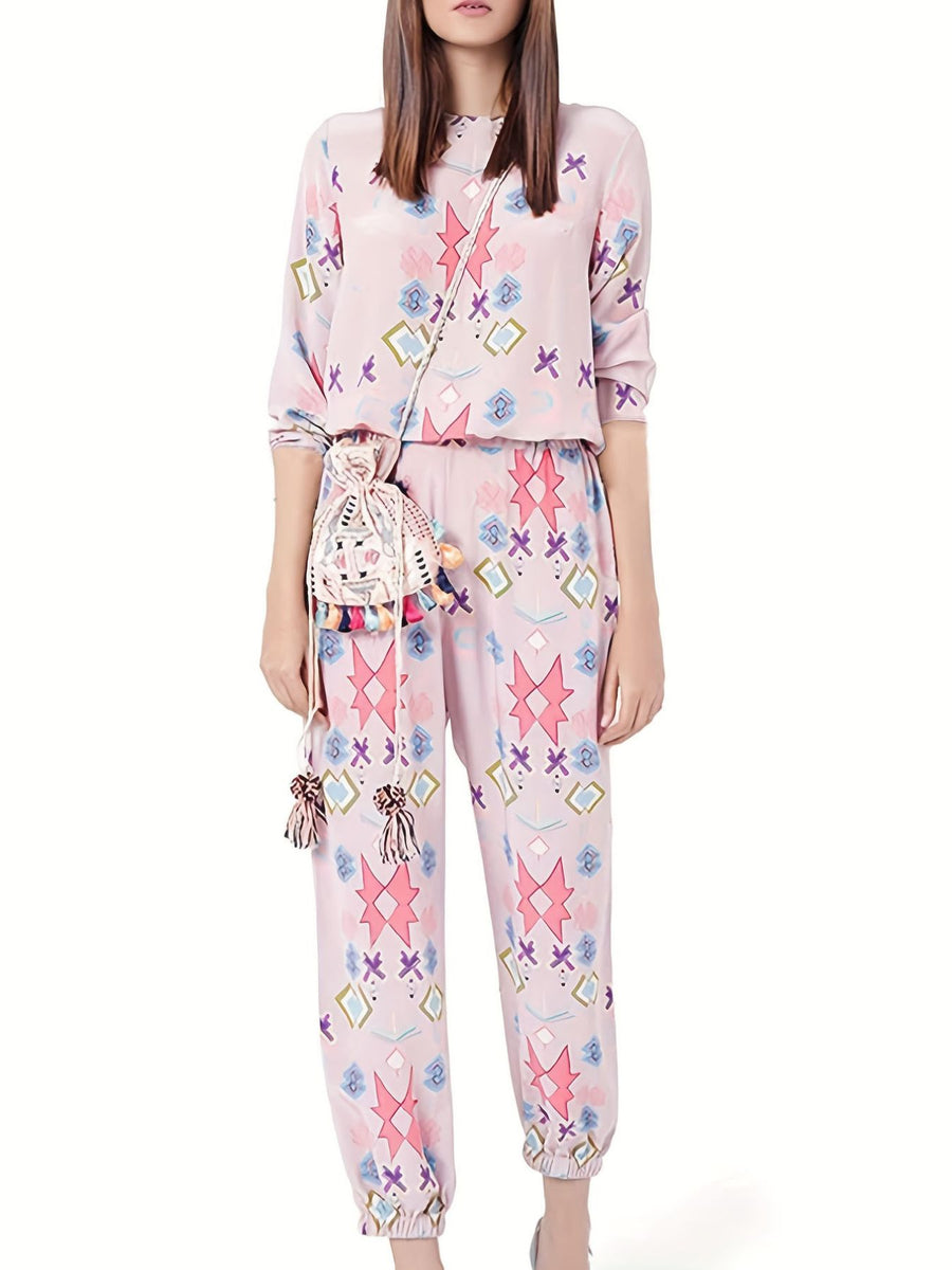 Printed Round-Neck Long-Sleeve Top and Pants Lounge Set