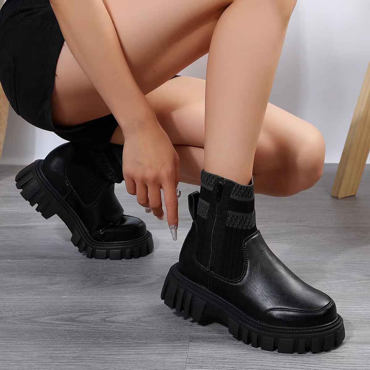 Women's Knitted Mid-Calf Boots | Side Zipper | Non-Slip Rubber Sole | Beige Black Brown