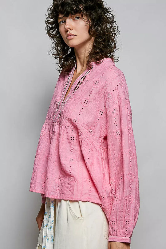 Another view: POL Eyelet Lace Split Neck Gathered Empire Waist Cotton Blouse