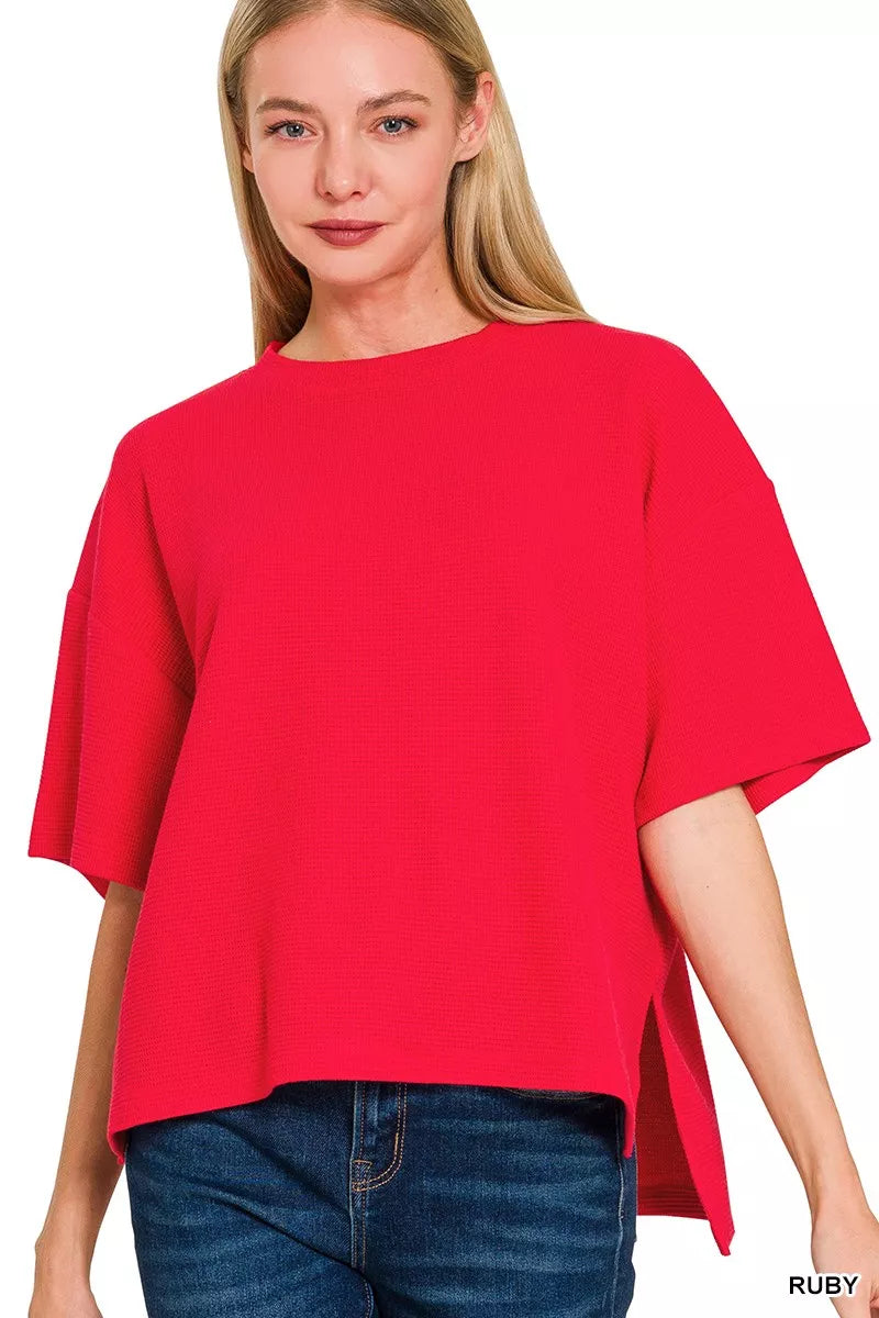 Curve Double Knit Side Slits High-Low Short Sleeve Top