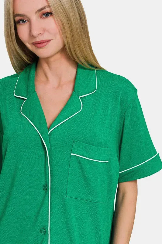Another view: Button Down Short Sleeve Top and Shorts Lounge Set — K Green