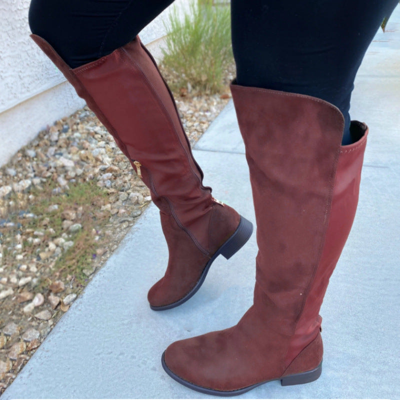 Women's Patchwork Knee-High Boots - Round Toe Chunky Heel Winter Boots with Side Zipper