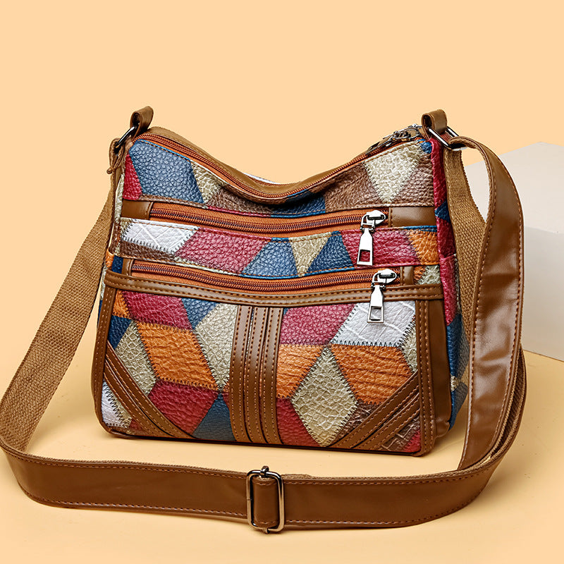 Women's Color-Block Patchwork Crossbody Bag | Multi-Layer PU Leather Shoulder Bag