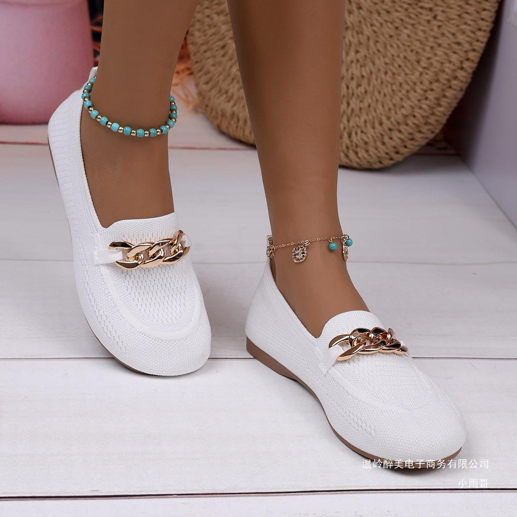 Women's Breathable Metal Chain Loafers - Soft Sole Slip-On Flats