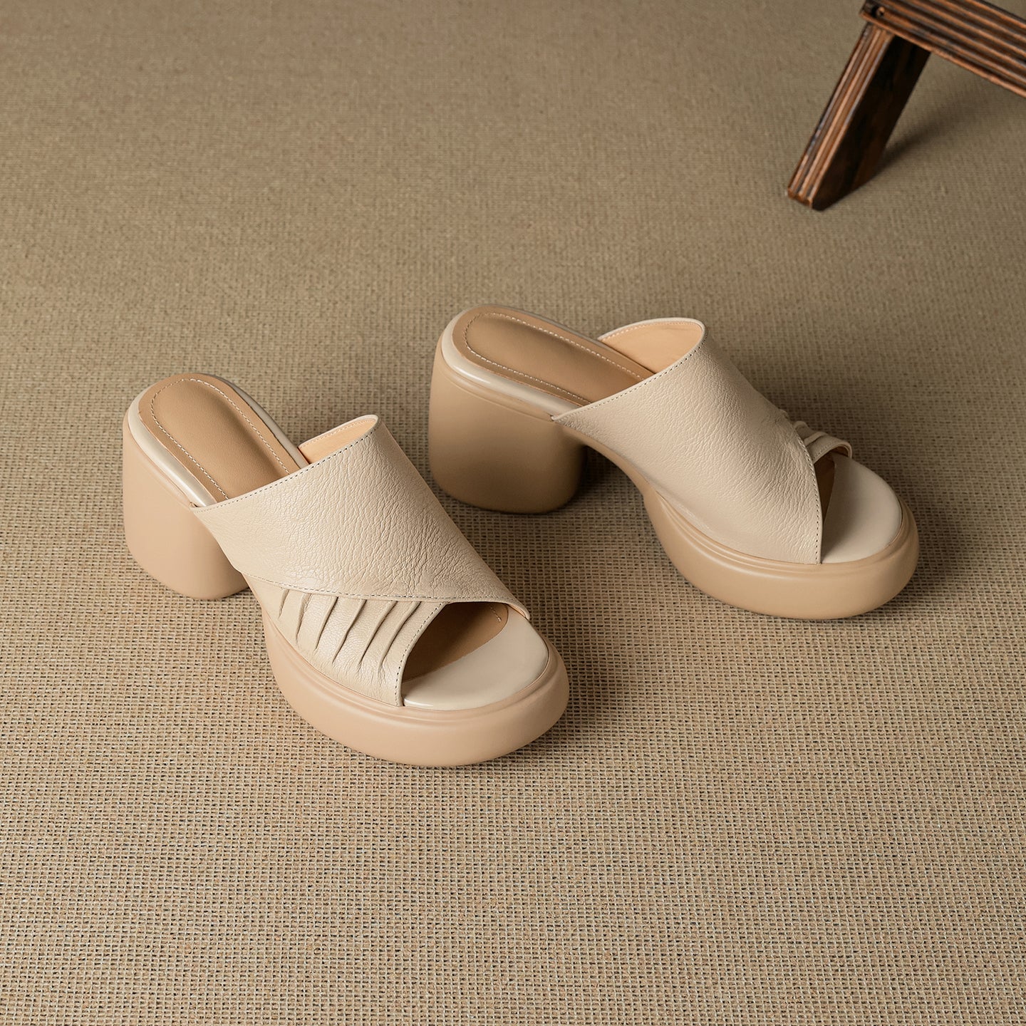 Women's Ruched Block Heel Slides | Open-Toe Lambskin Leather Mules