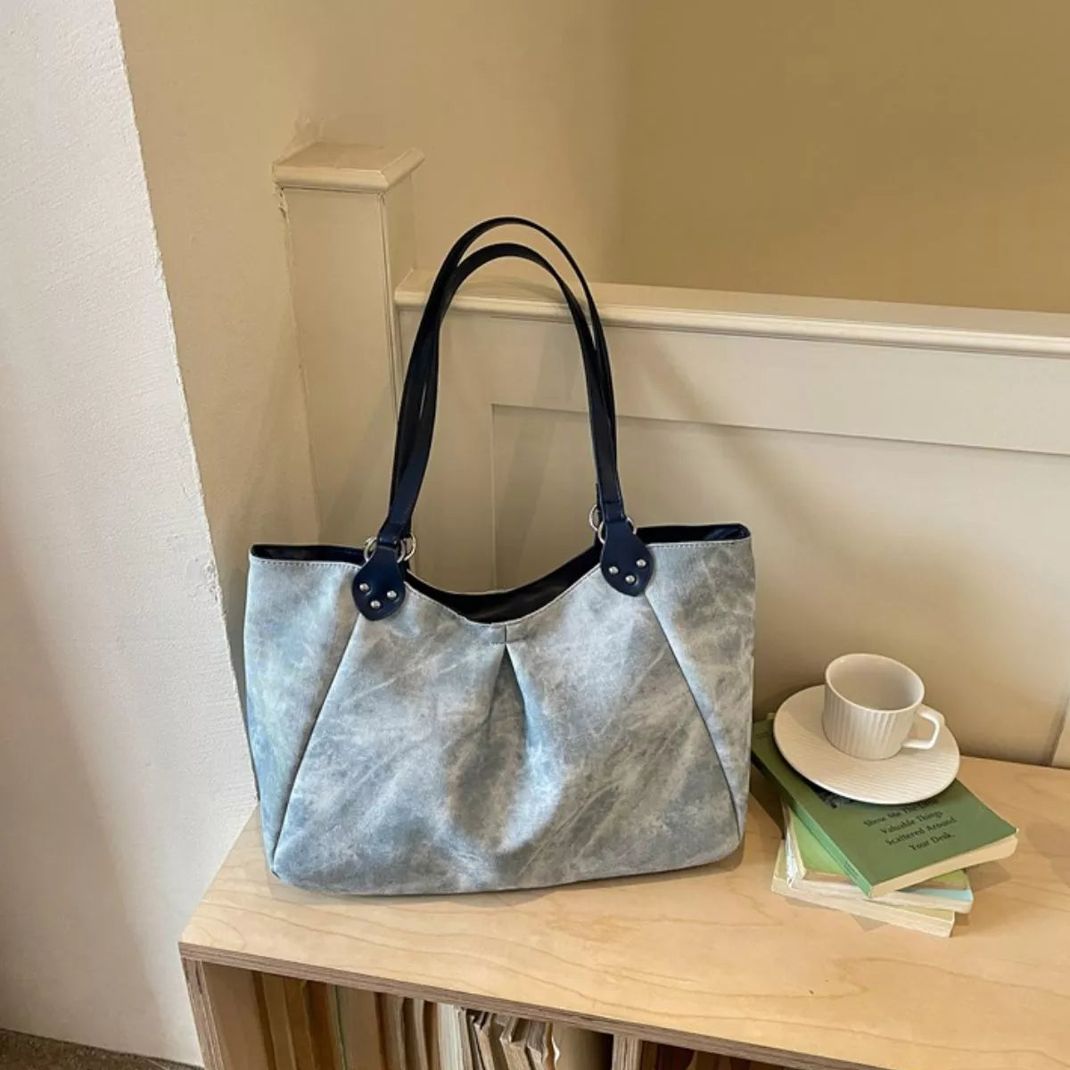 Pastel Blue Ruched PU Leather Shoulder Bag
