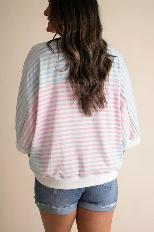 Another view: Striped Patchwork Dolman T-Shirt — Blush Pink