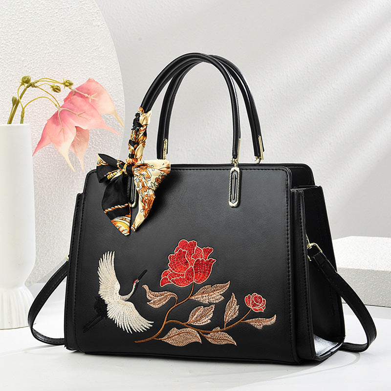 Chinese Embroidered Crane Crossbody Tote Bag for Women - Fashion Handbag with Multiple Compartments