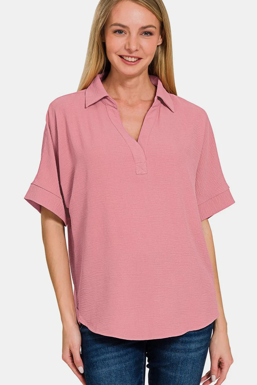 Texture Collared Neck Short Sleeve Top — Lt Rose