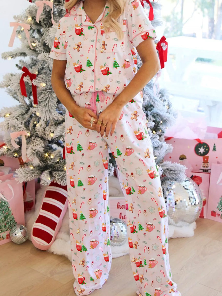 Christmas Spirit Cute Holiday Print Short-Sleeve Shirt and Pants 2pcs Pajama Set