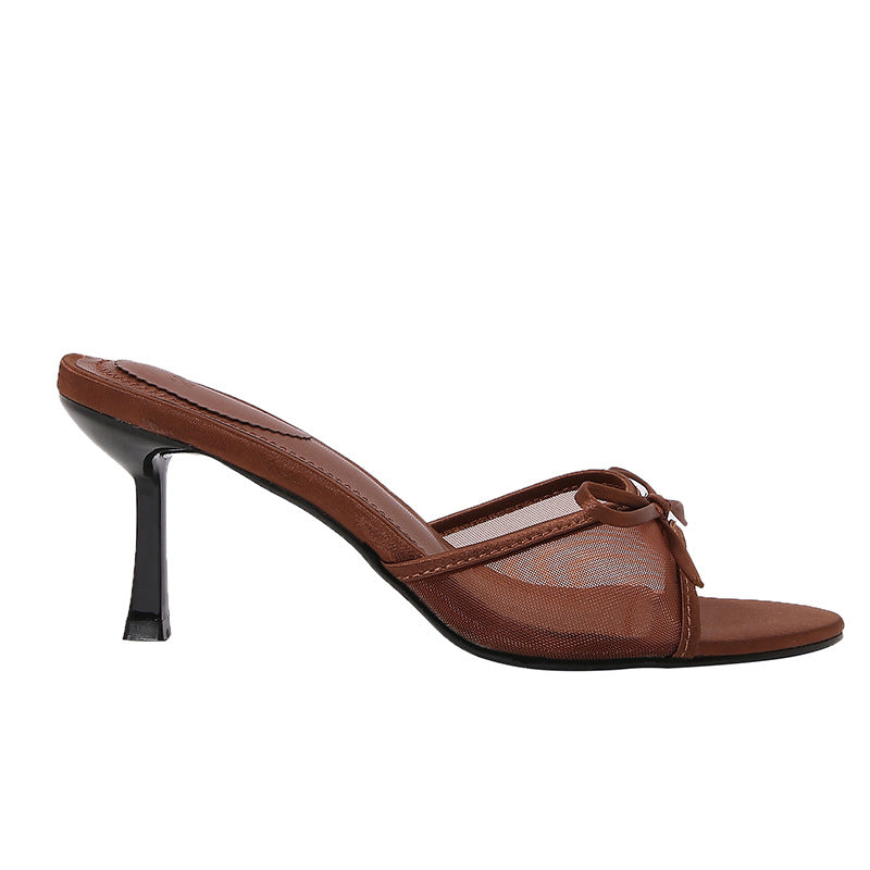 Women's Brown Mesh Bow Sandals - 6cm High Heel Round Toe Slip-On Shoes