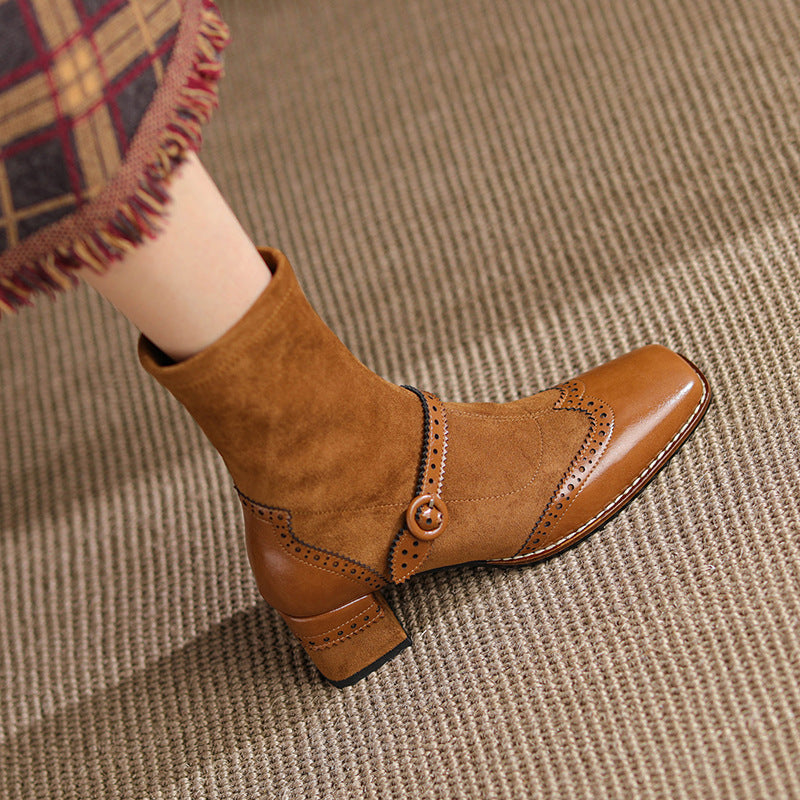 Women's Square Toe Chunky Heel Boots – Vintage Style Side Zipper | Black & Khaki