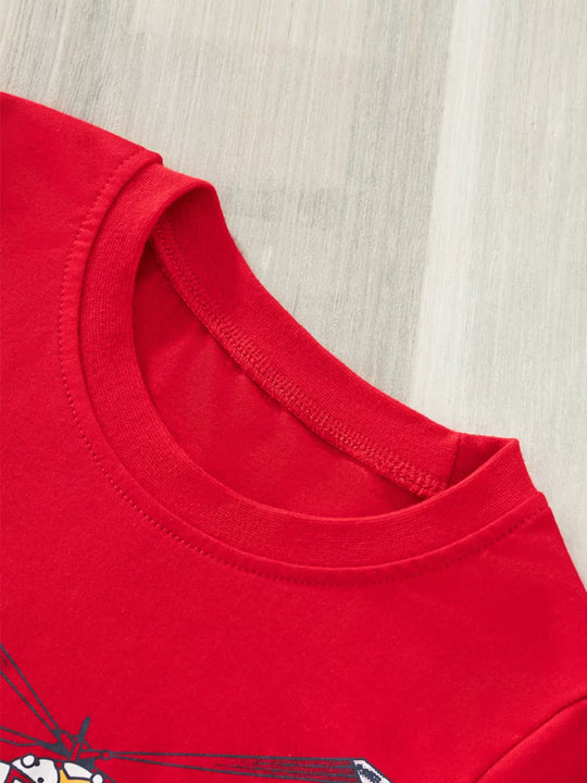 Another view: Kids' Fire Truck & Helicopter Cotton T-Shirt – Red