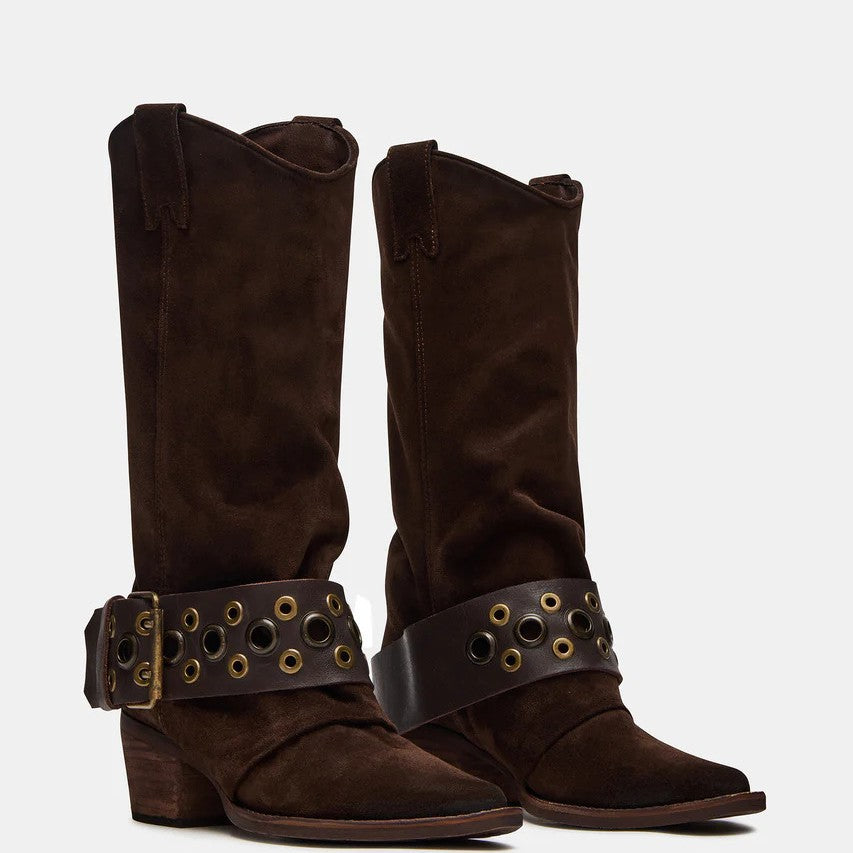 Women's Chunky Heel Ankle Boots – Pointed Toe Slip-On with Buckle Detail | Dark Brown