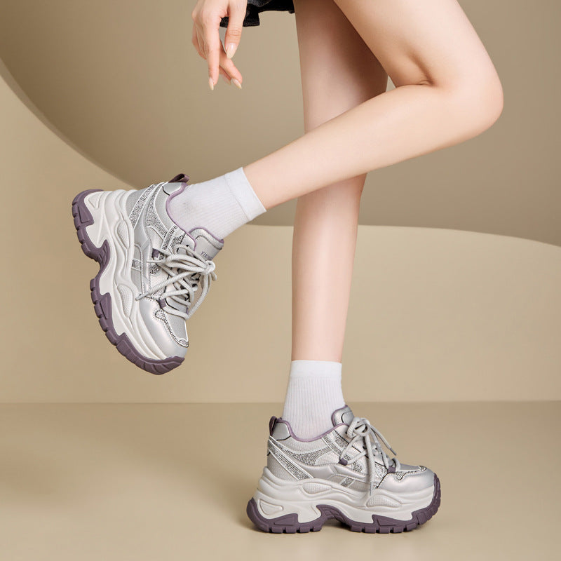 Women's Hidden Wedge Sneakers - Casual Lace-Up Leather Shoes