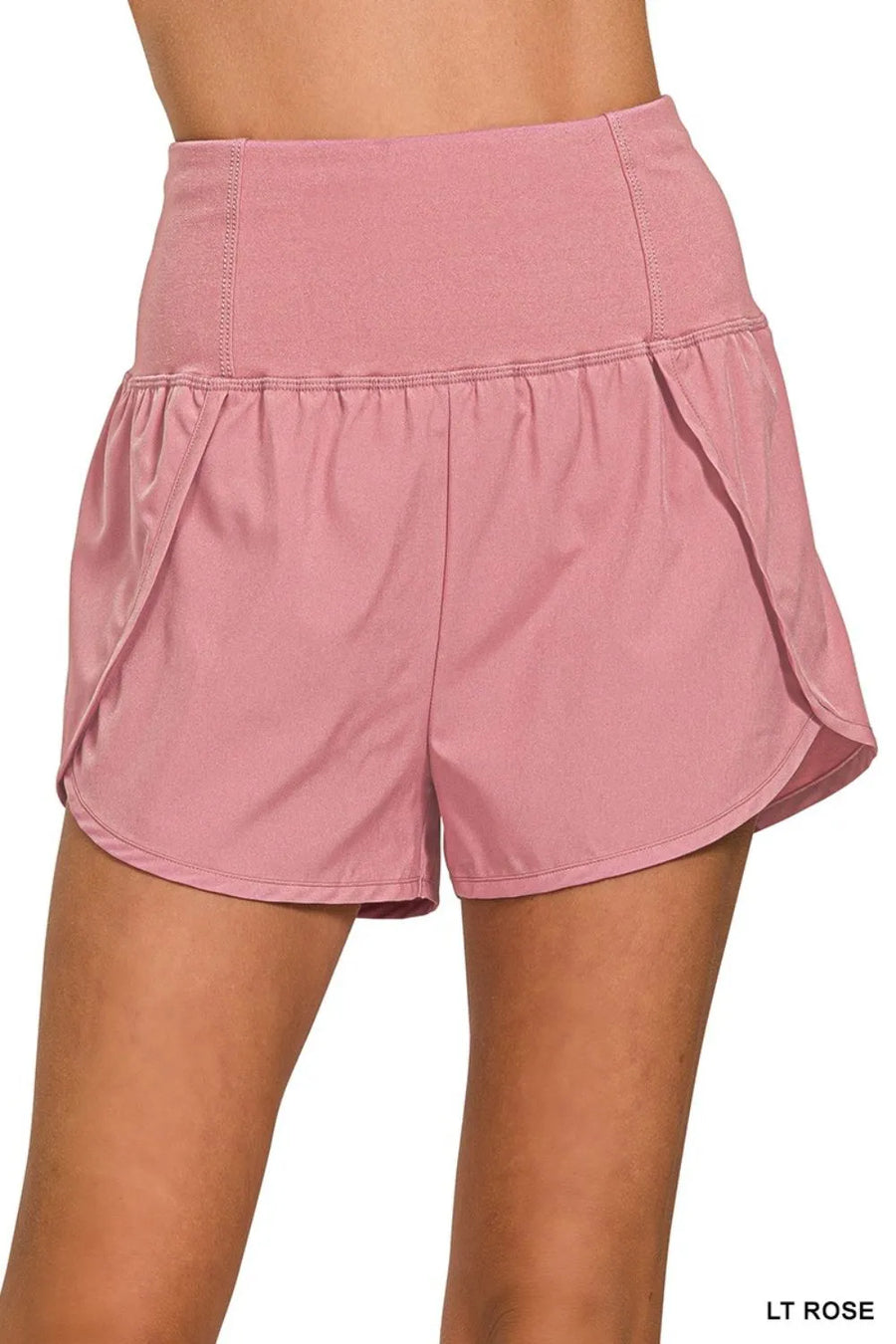 High Waisted Zippered Back Pocket Running Shorts — Lt Rose