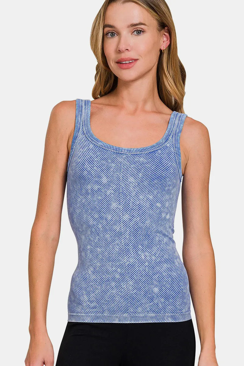 Ribbed Scoop Neck Tank — Light Indigo