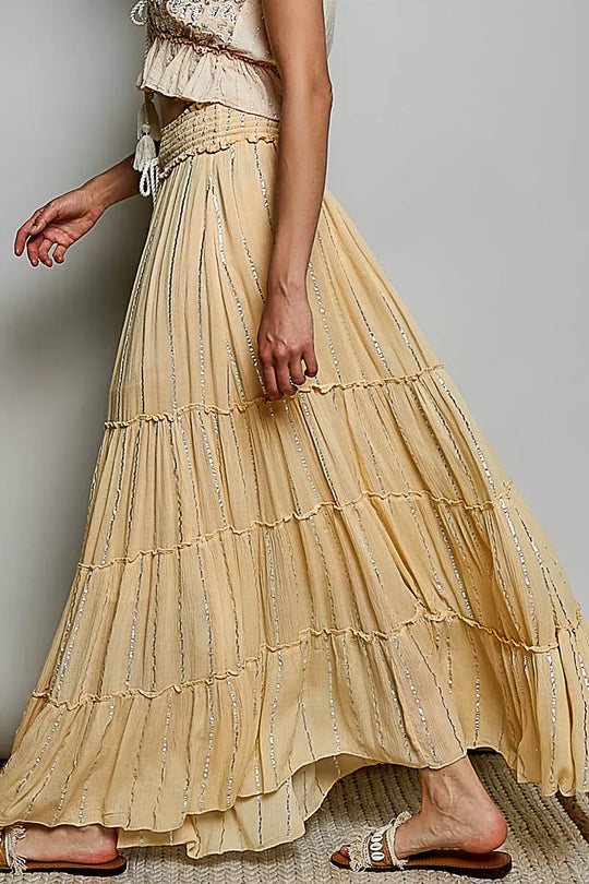 Another view: POL Shimmer Tiered Reverse Ruffle Smocked Waist Maxi Skirt