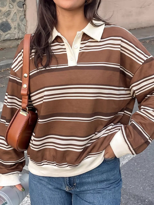 Another view: Striped Drop-Shoulder Button-Detail Sweatshirt — Coffee Brown